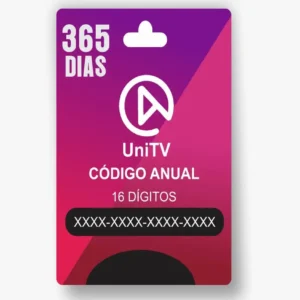 Cartão de assinatura UniTV Anual com validade de 365 dias. O texto no cartão diz "UniTV CÓDIGO ANUAL 16 DÍGITOS" e exibe um código de 16 dígitos (oculto com "XXXX-XXXX-XXXX-XXXX"). O design tem fundo roxo e rosa com o logotipo da UniTV ao centro.