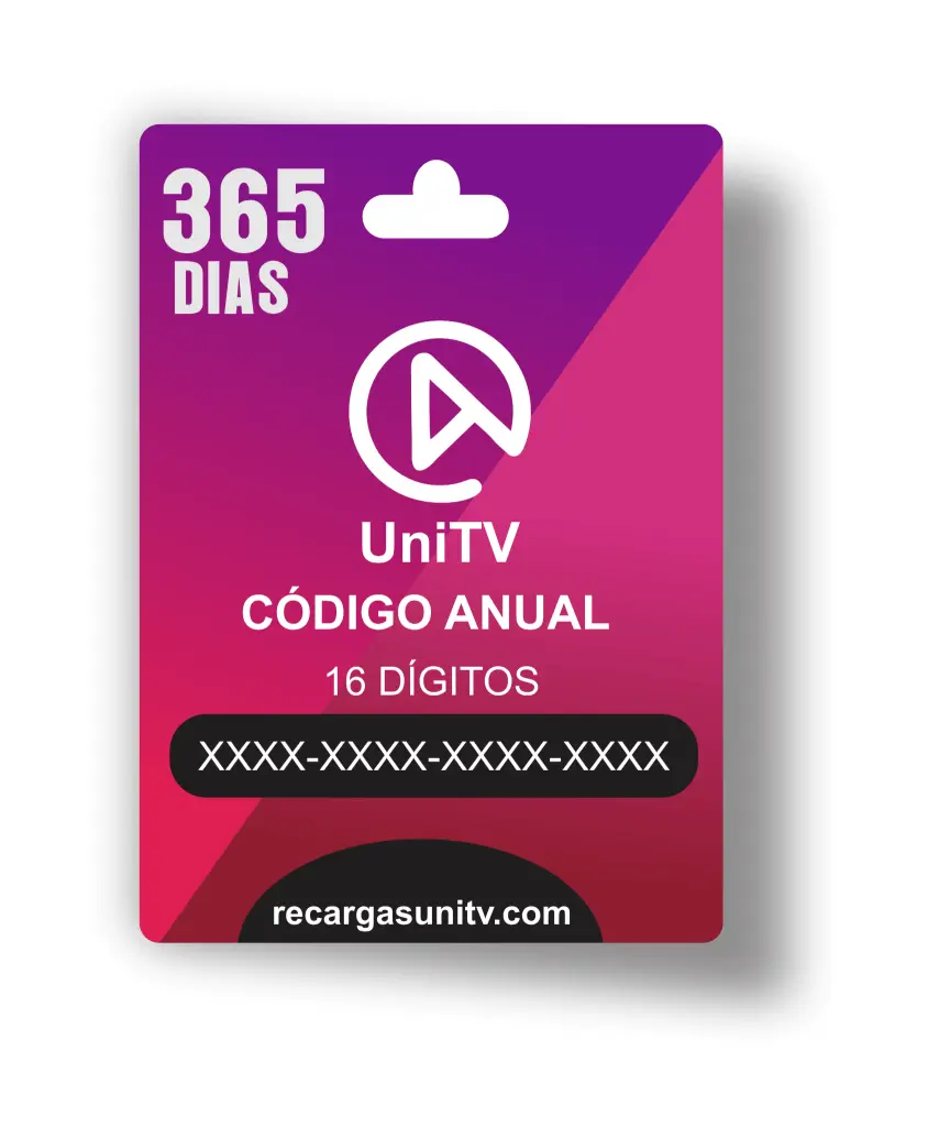 Cartão de recarga UniTV com código anual de 16 dígitos para 365 dias de acesso, nas cores roxo e rosa, com o texto 'UNITV CÓDIGO ANUAL' e o site 'recargasunitv.com' visíveis.
