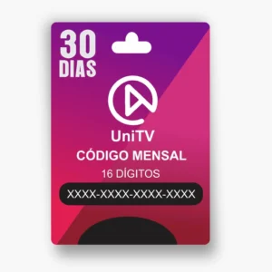 Cartão de assinatura UniTV Mensal com validade de 30 dias. O texto no cartão diz "UniTV CÓDIGO MENSAL 16 DÍGITOS" e exibe um código de 16 dígitos (oculto com "XXXX-XXXX-XXXX-XXXX"). O design tem fundo roxo e rosa com o logotipo da UniTV ao centro.