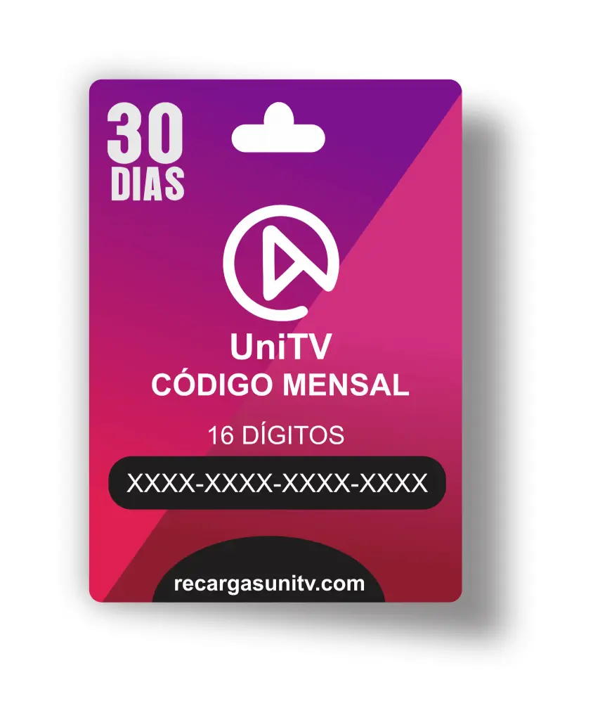 Cartão de recarga UniTV com código mensal de 16 dígitos para 30 dias de acesso, nas cores roxo e rosa, com o texto 'UNITV CÓDIGO MENSAL' e o site 'recargasunitv.com' visíveis.