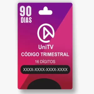 Cartão de assinatura UniTV Trimestral com validade de 90 dias. O texto no cartão diz "UniTV CÓDIGO TRIMESTRAL 16 DÍGITOS" e exibe um código de 16 dígitos (oculto com "XXXX-XXXX-XXXX-XXXX"). O design tem fundo roxo e rosa com o logotipo da UniTV ao centro.