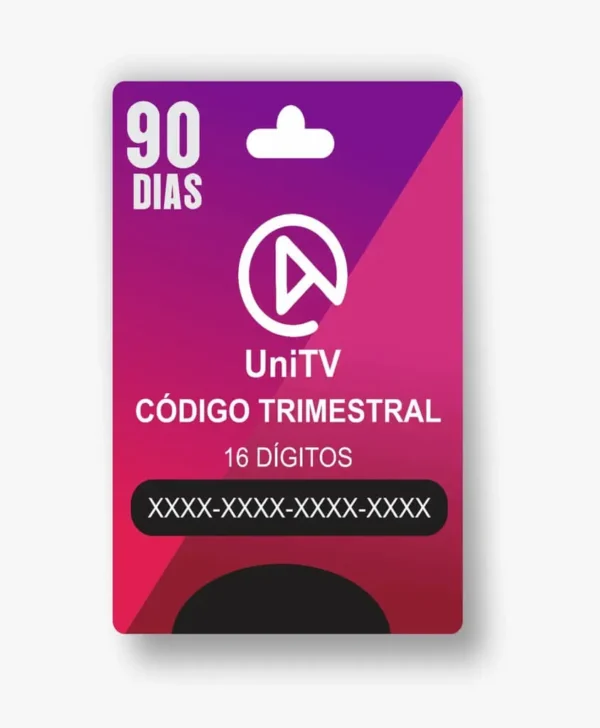 Cartão de assinatura UniTV Trimestral com validade de 90 dias. O texto no cartão diz "UniTV CÓDIGO TRIMESTRAL 16 DÍGITOS" e exibe um código de 16 dígitos (oculto com "XXXX-XXXX-XXXX-XXXX"). O design tem fundo roxo e rosa com o logotipo da UniTV ao centro.