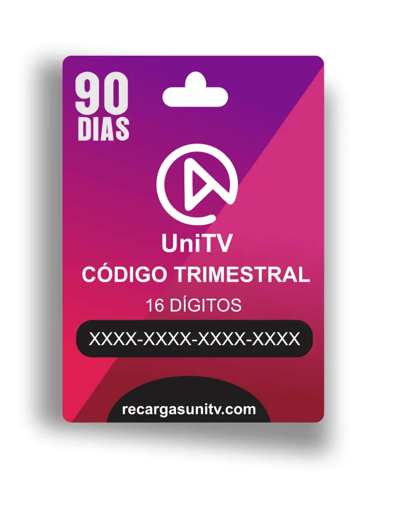 Cartão de recarga UniTV com código mensal de 16 dígitos trimestral 90 dias, 3 meses de acesso, nas cores roxo e rosa, com o texto 'UNITV CÓDIGO TRIMESTRAL' e o site 'recargasunitv.com' visíveis.